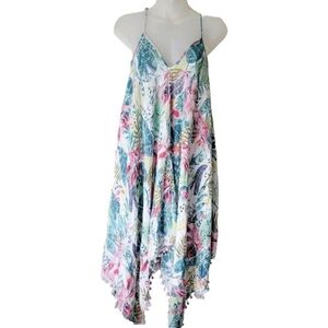 Goa Beachwear by Japna Swim Coverup Floral Dress Pom Pom Handkerchief Hem Size L
